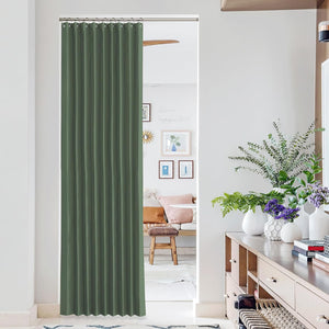 Sage green pleated room divider curtain with ring top hooks, offering privacy in a modern doorway.