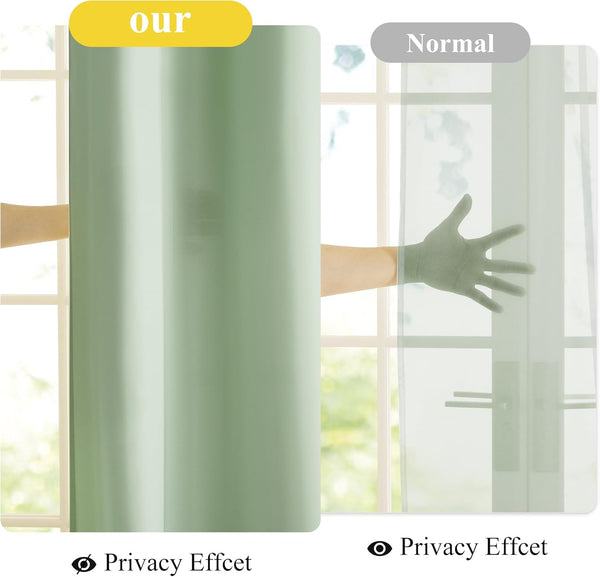 Sage green privacy blackout curtain. Opaque fabric blocks view of hand, showing excellent privacy.