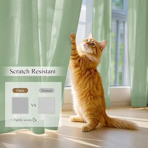 Sage green scratch resistant sheer curtains with a cat demonstrating the tightly woven fabric.