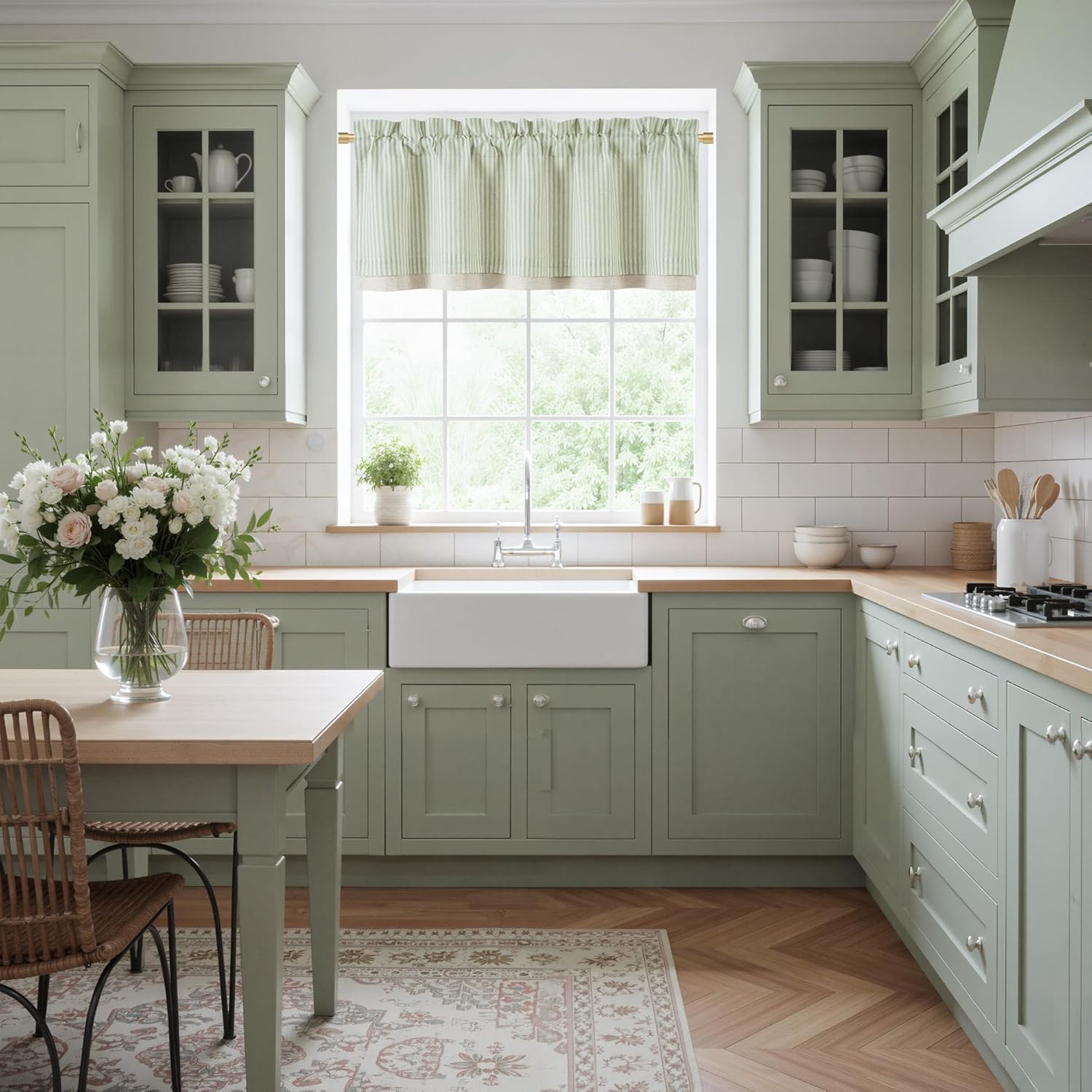 Elegant sage green shaker kitchen, white farmhouse sink, wood counters, and striped valance.