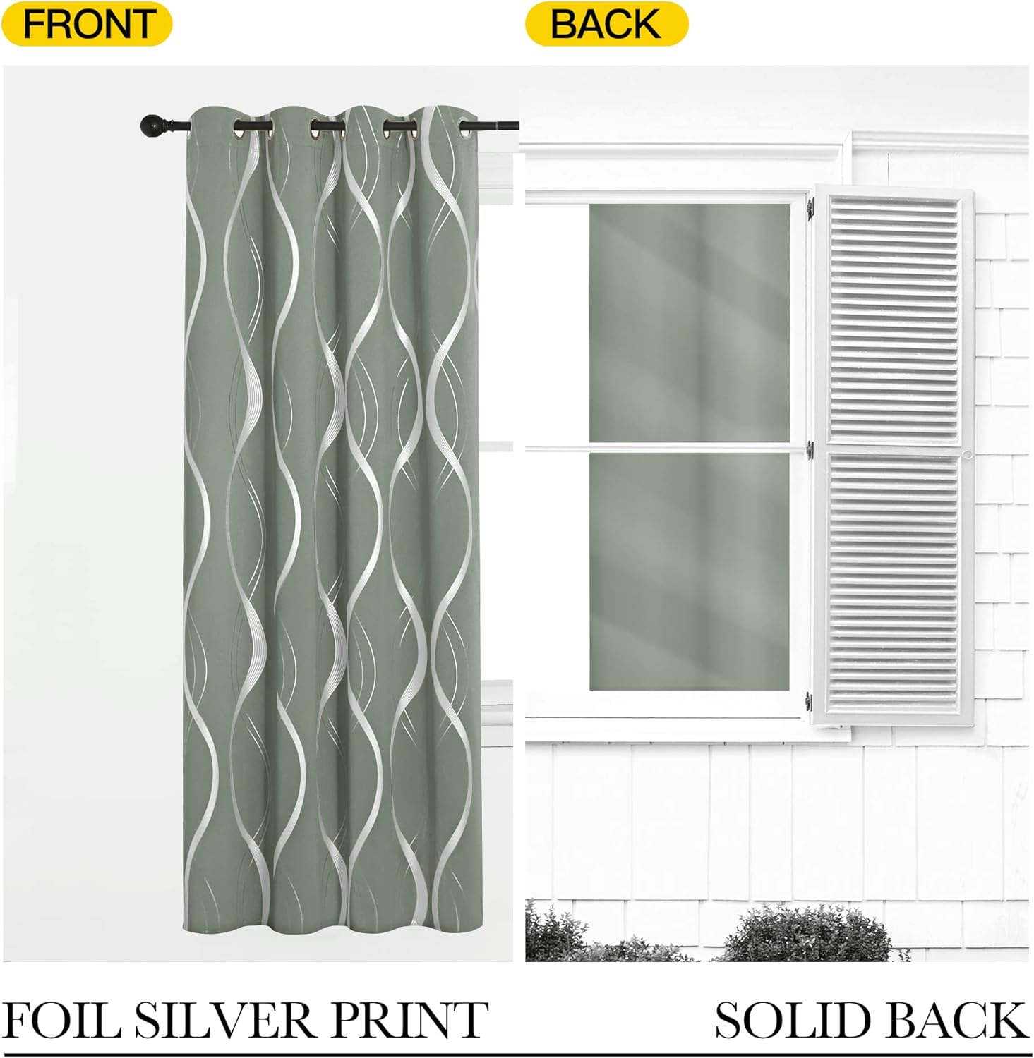 Sage green grommet curtain with silver foil wave print, displaying its solid blackout back.