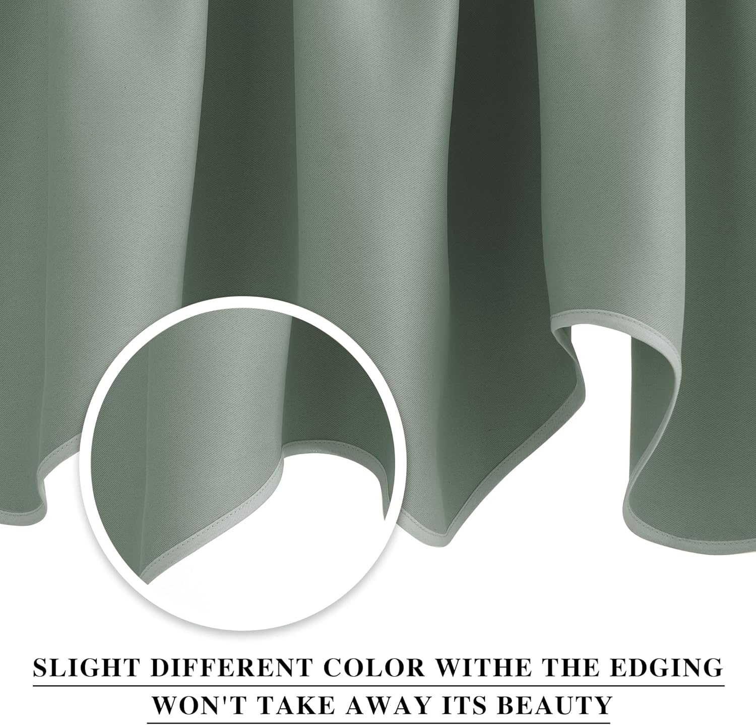 Draped sage green blackout curtain fabric, showing its smooth texture and neatly stitched bottom hem detail.