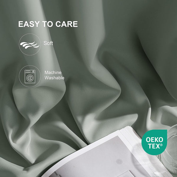 Soft, sage green fabric with folds. Easy care, machine washable, OEKO-TEX certified features.