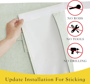 Close-up of hand demonstrating light green textured adhesive window blind, featuring easy no-drill installation.