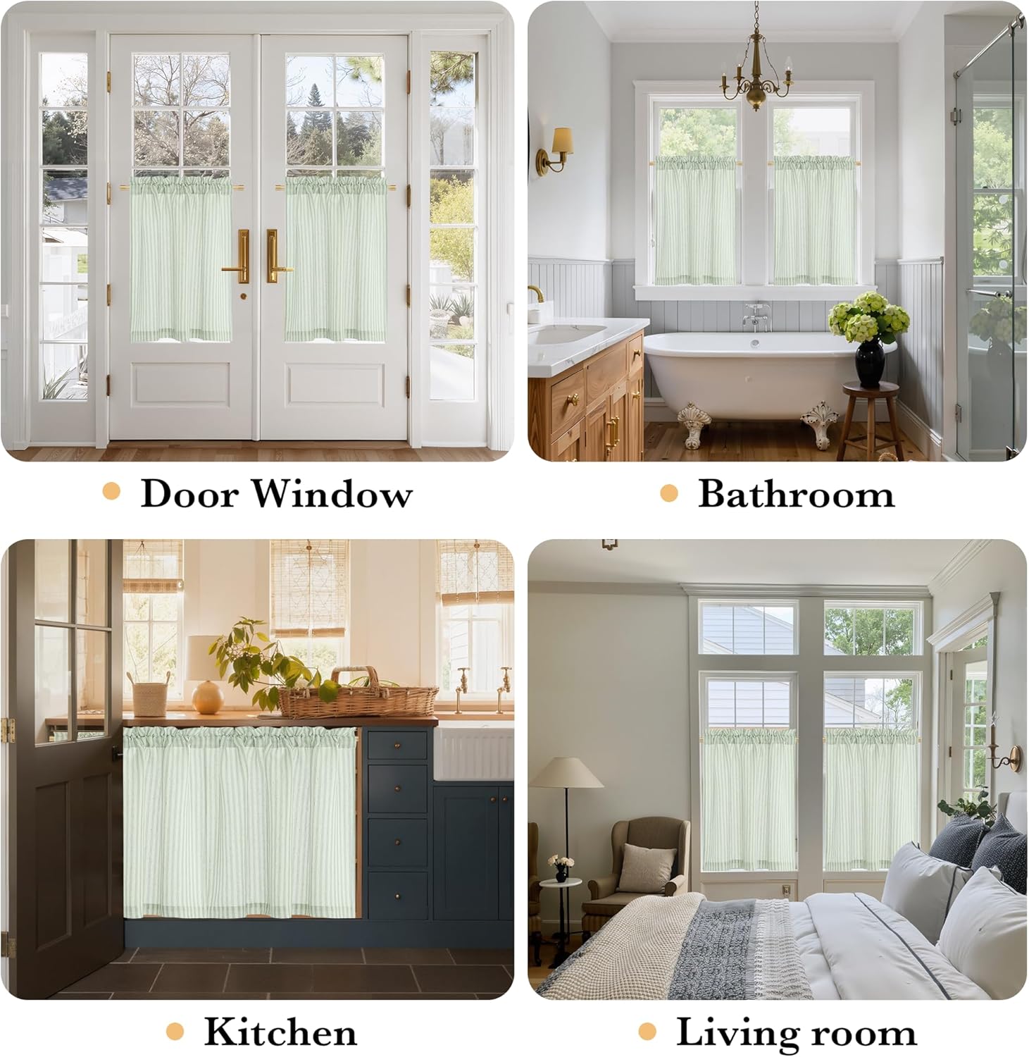 Sage green and white striped cafe curtain tiers with ruffled rod pocket top. Light filtering fabric for privacy.