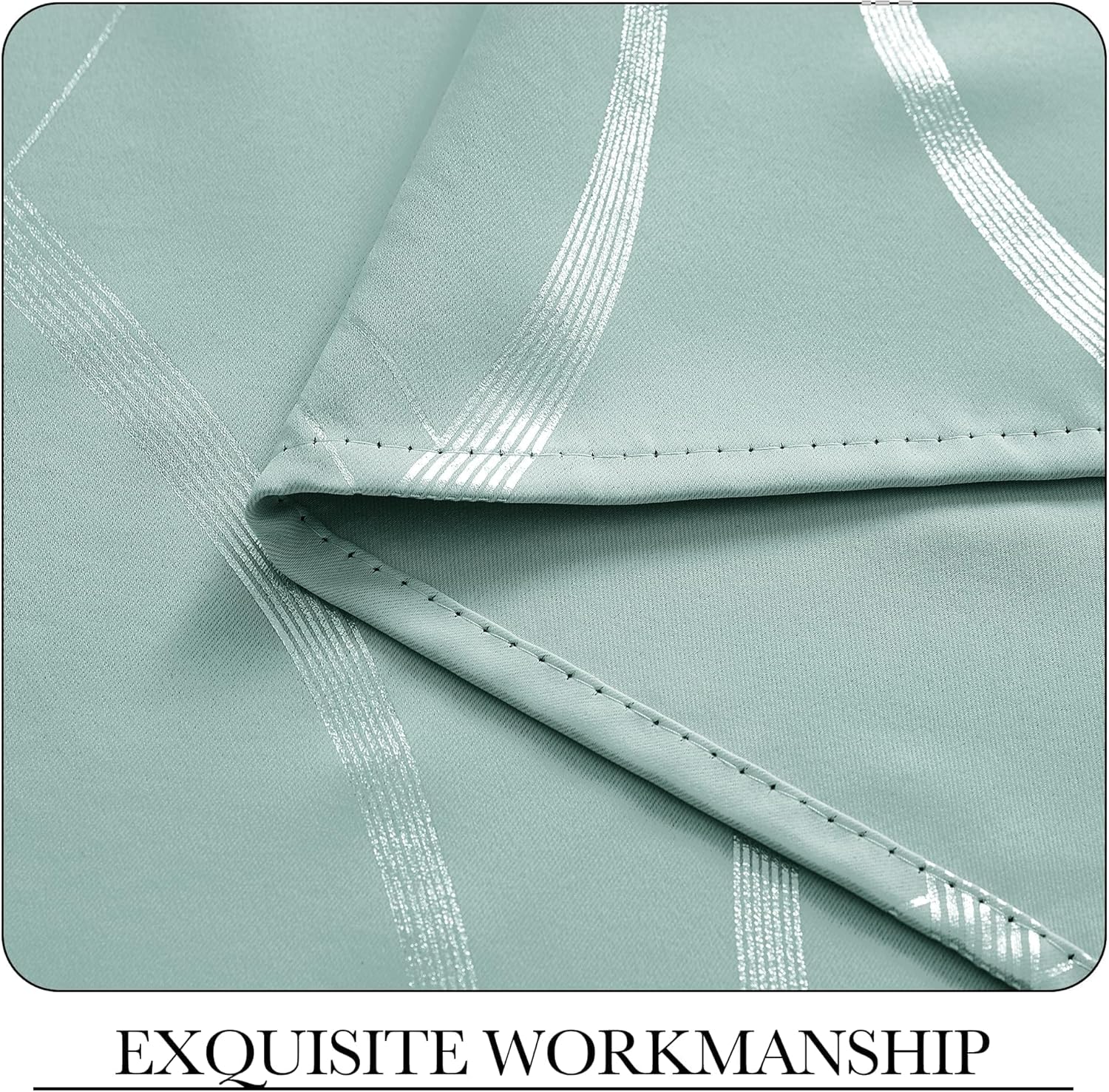 Close-up of sage green fabric with shimmering white vertical stripe pattern and neat hem stitching.