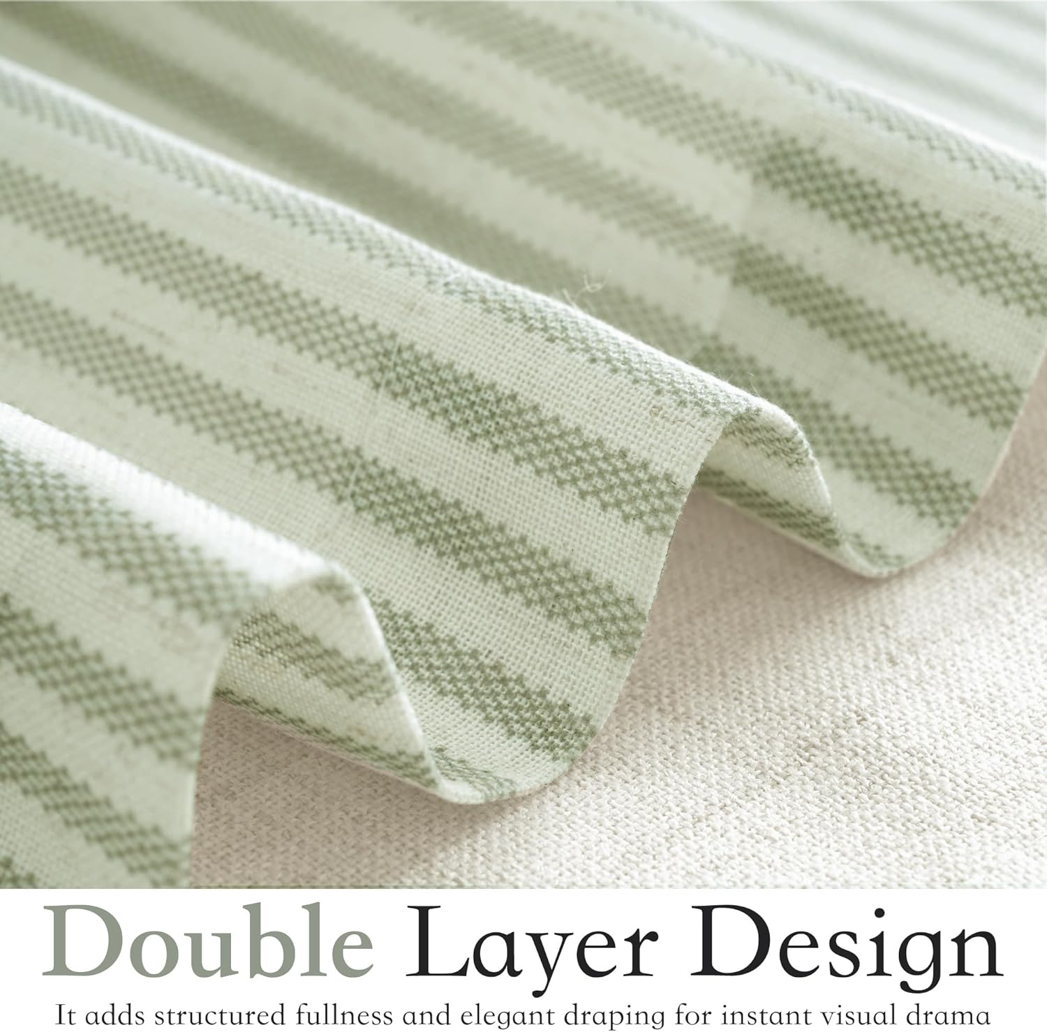 Close-up of draped sage green and off-white striped double-layer woven fabric, showcasing its textured weave.