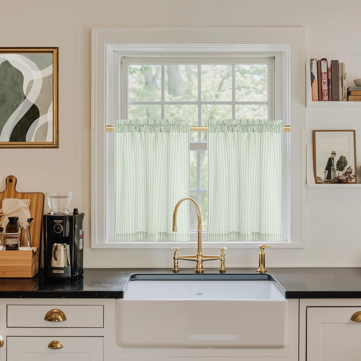 Sage green and white vertical striped cafe curtains with a rod pocket top in a kitchen.