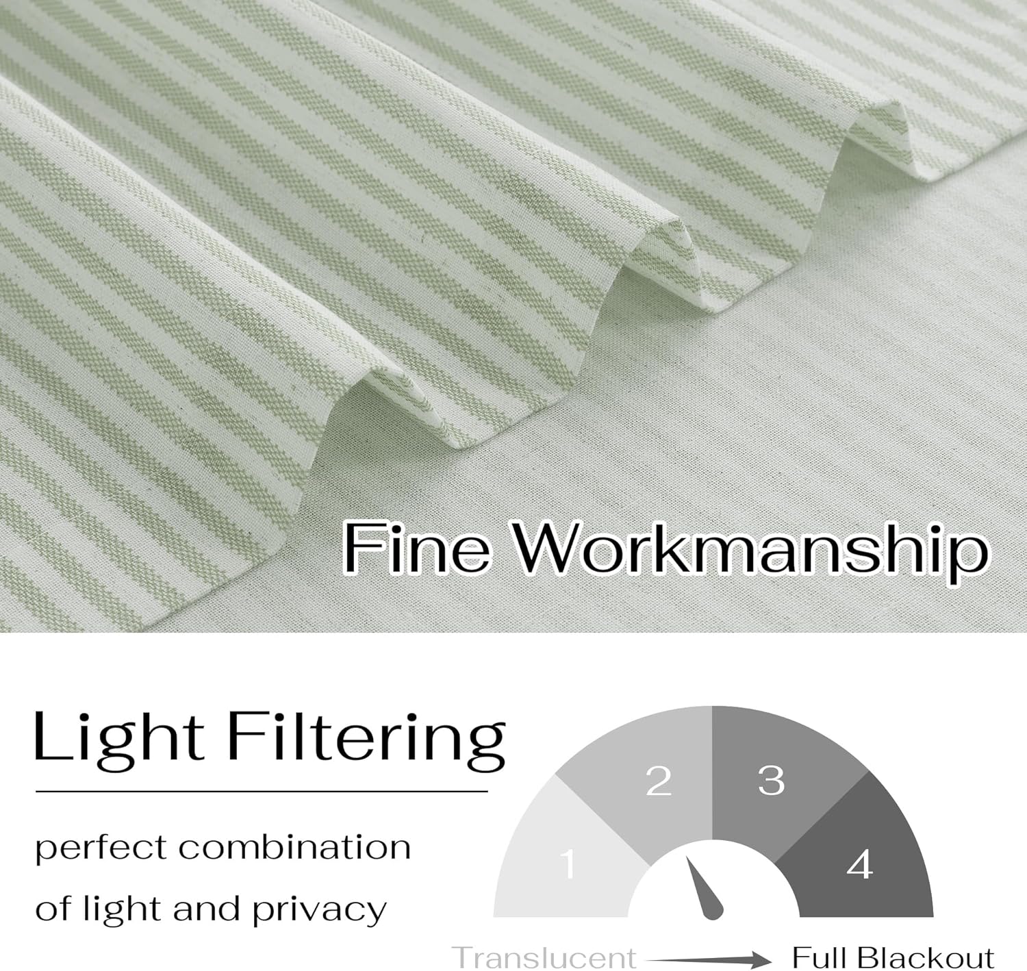 Detailed view of sage green and white striped light filtering curtain fabric with fine workmanship.