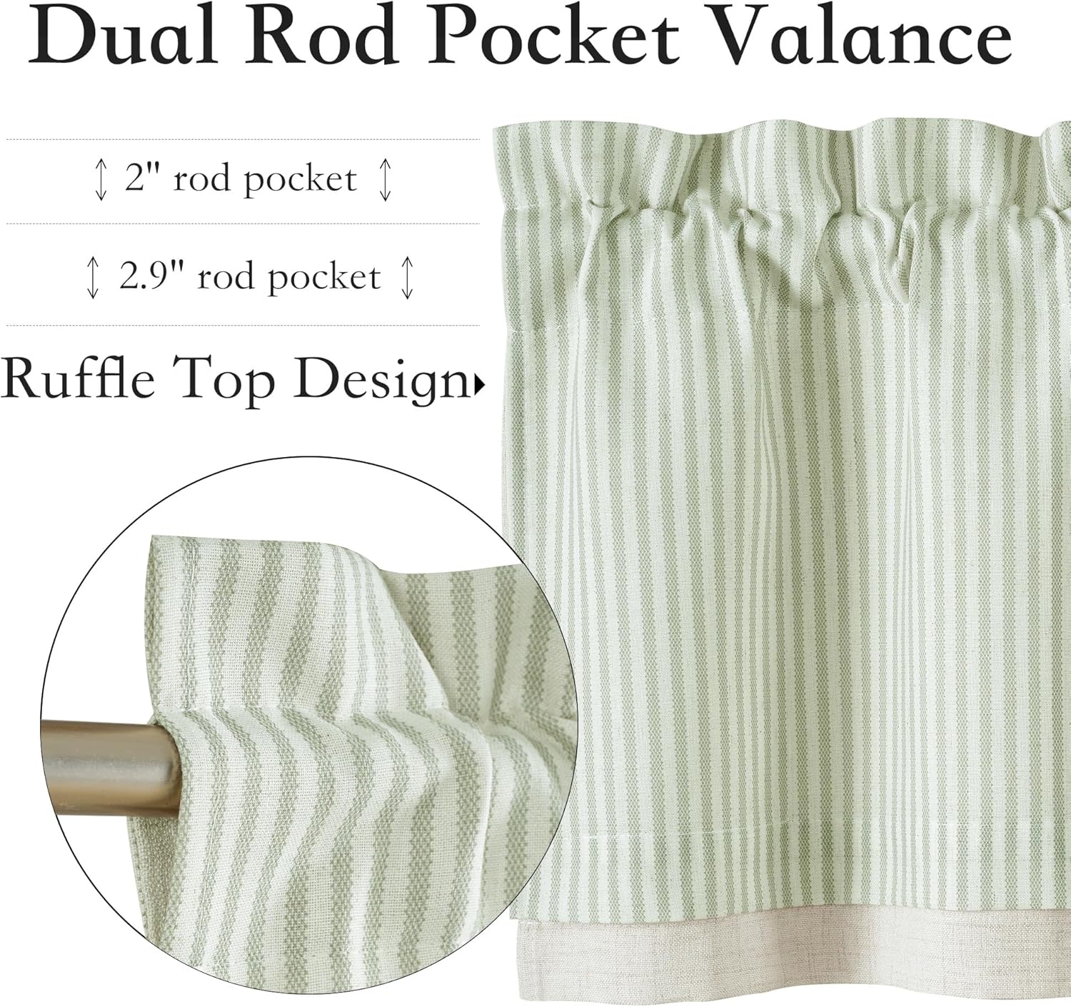 Sage green and white striped valance with ruffled top, dual rod pockets, and textured fabric.