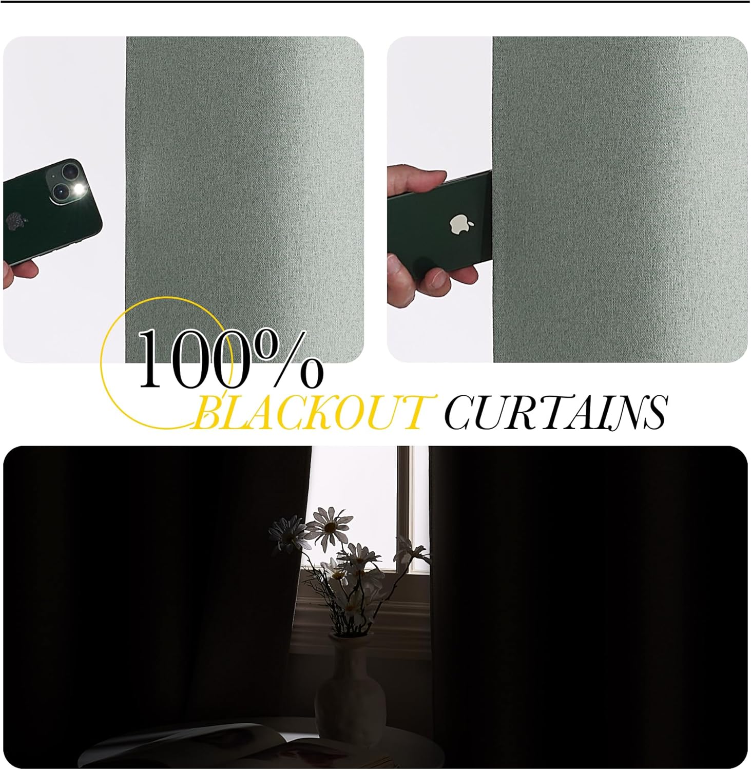 Sage green textured fabric curtain demonstrating 100% light blocking with a phone flashlight, effectively darkening a room.