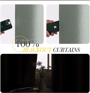 Sage green textured fabric curtain demonstrating 100% light blocking with a phone flashlight, effectively darkening a room.