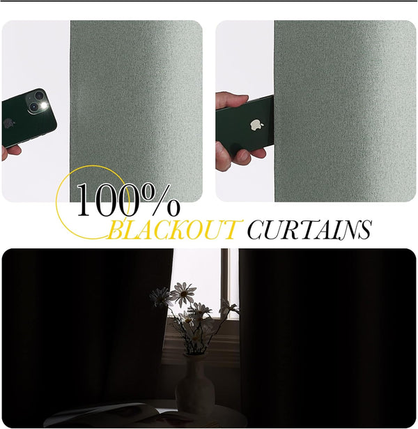 Sage green textured fabric curtain demonstrating 100% light blocking with a phone flashlight, effectively darkening a room.