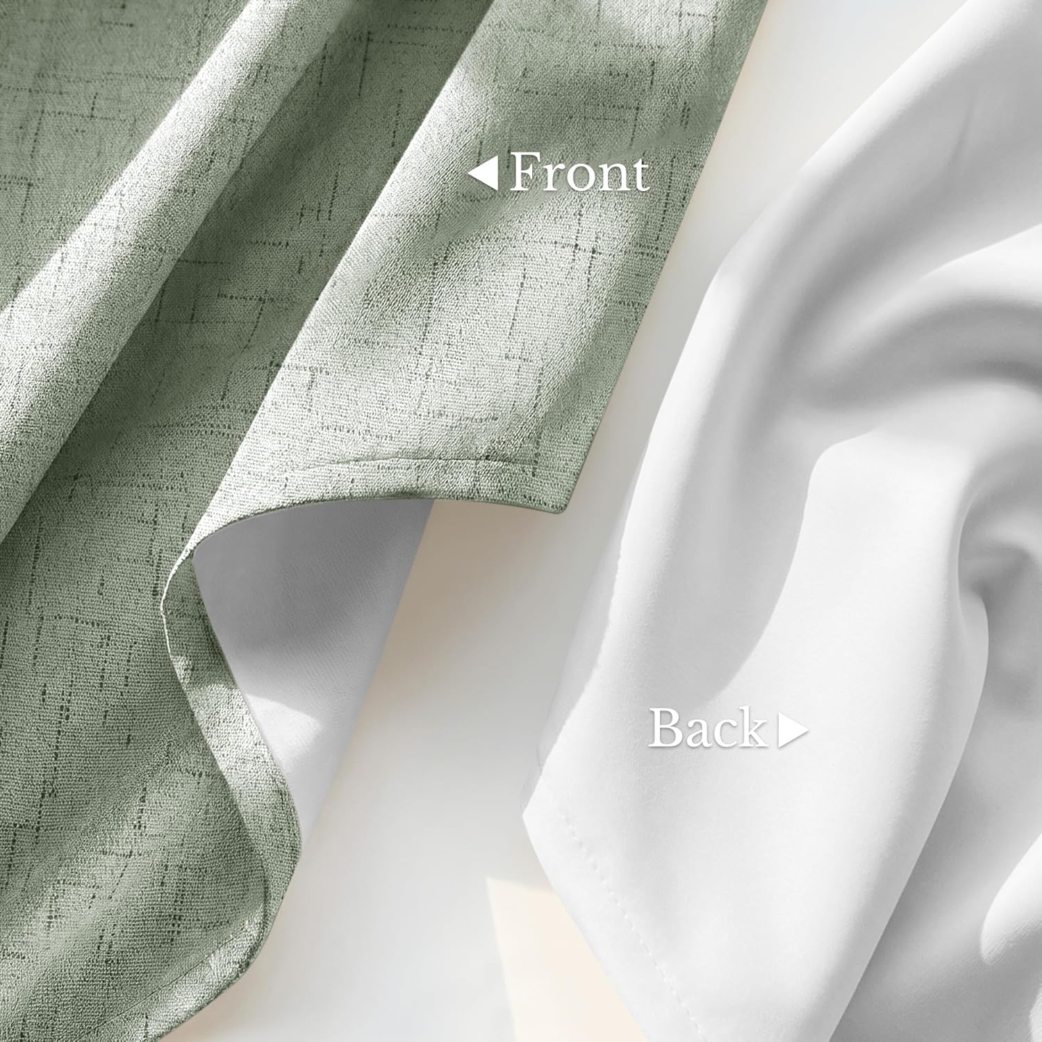 Close-up shows the sage green textured front and smooth white blackout lining of a curtain.