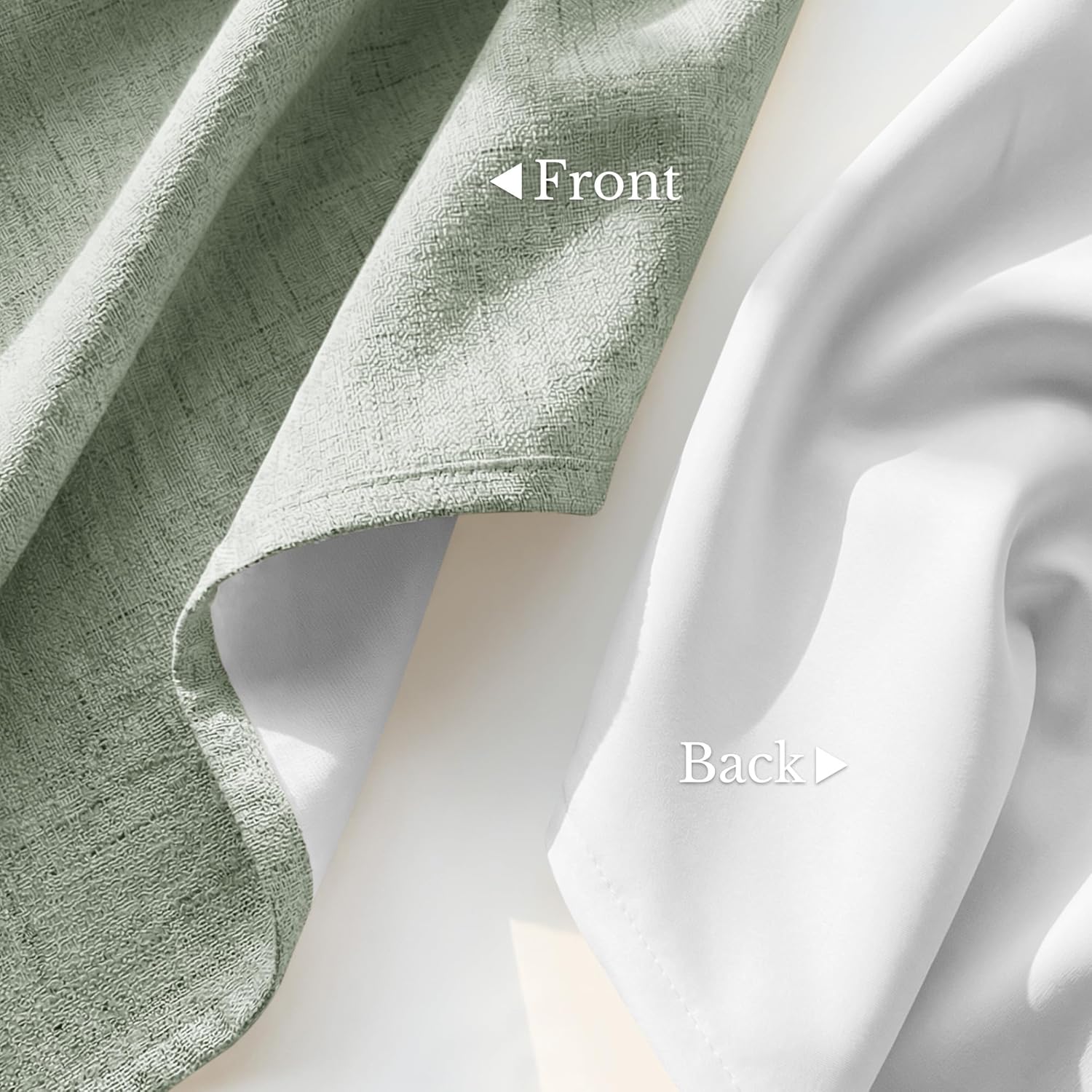 Close-up shows sage green textured curtain fabric front and smooth white blackout lining back.