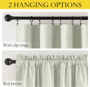 Sage green textured curtain demonstrating two hanging options: clip rings or rod pocket style.