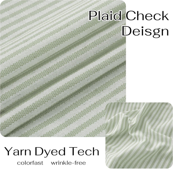 Textured sage green and off-white striped fabric, featuring a yarn-dyed pattern and soft, wrinkle-free appearance.