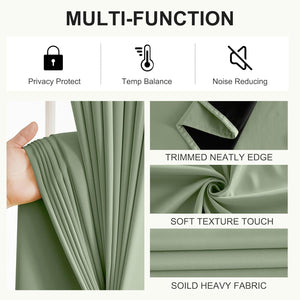 Close-up of sage green heavy fabric thermal blackout curtain, showcasing soft texture and neat edge.