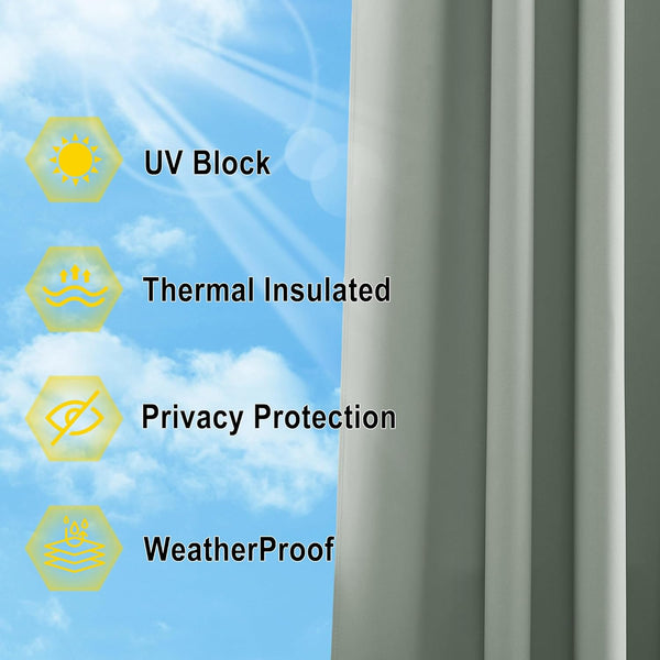 Sage green curtain panel with icons for UV block, thermal insulation, privacy, and weatherproof.