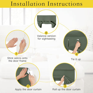 Sage green opaque fabric roll-up door shade with tie-up straps, shown with velcro installation.