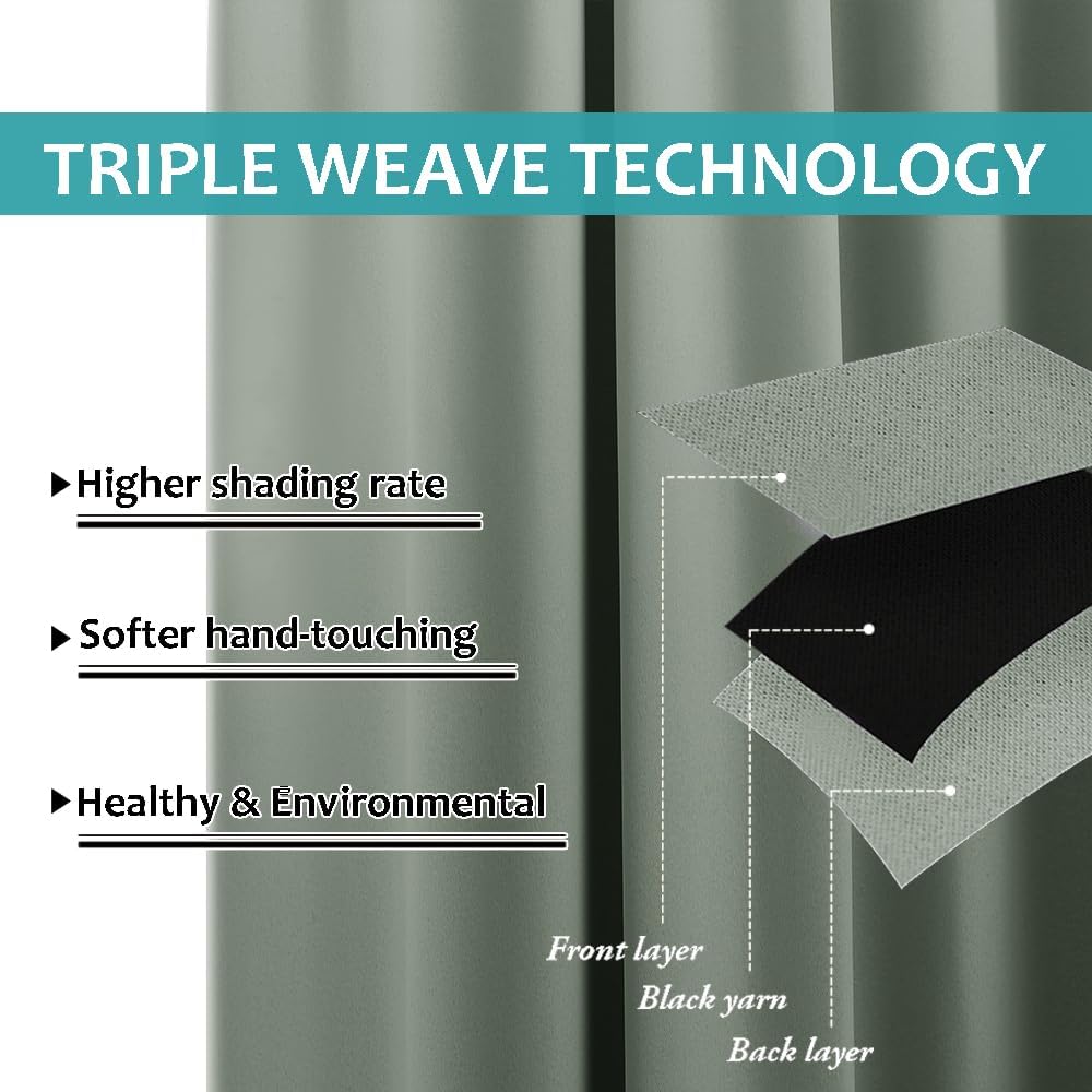Close-up of sage green triple weave blackout curtain fabric, highlighting its layered construction for light blocking.