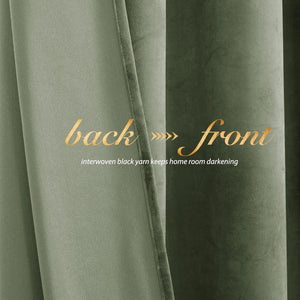 Sage green velvet blackout curtain, showing plush front and interwoven dark yarn back for room darkening.
