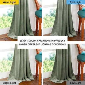 Draped sage green velvet curtains showcasing subtle color changes under varied light conditions.