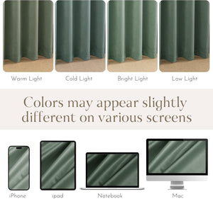 Sage green velvet curtain fabric sample showing color in warm, cold, bright, and low light.