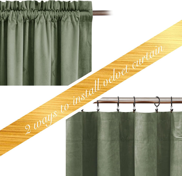Sage green velvet curtain demonstrating two installation styles: rod pocket and clip rings on a rod.