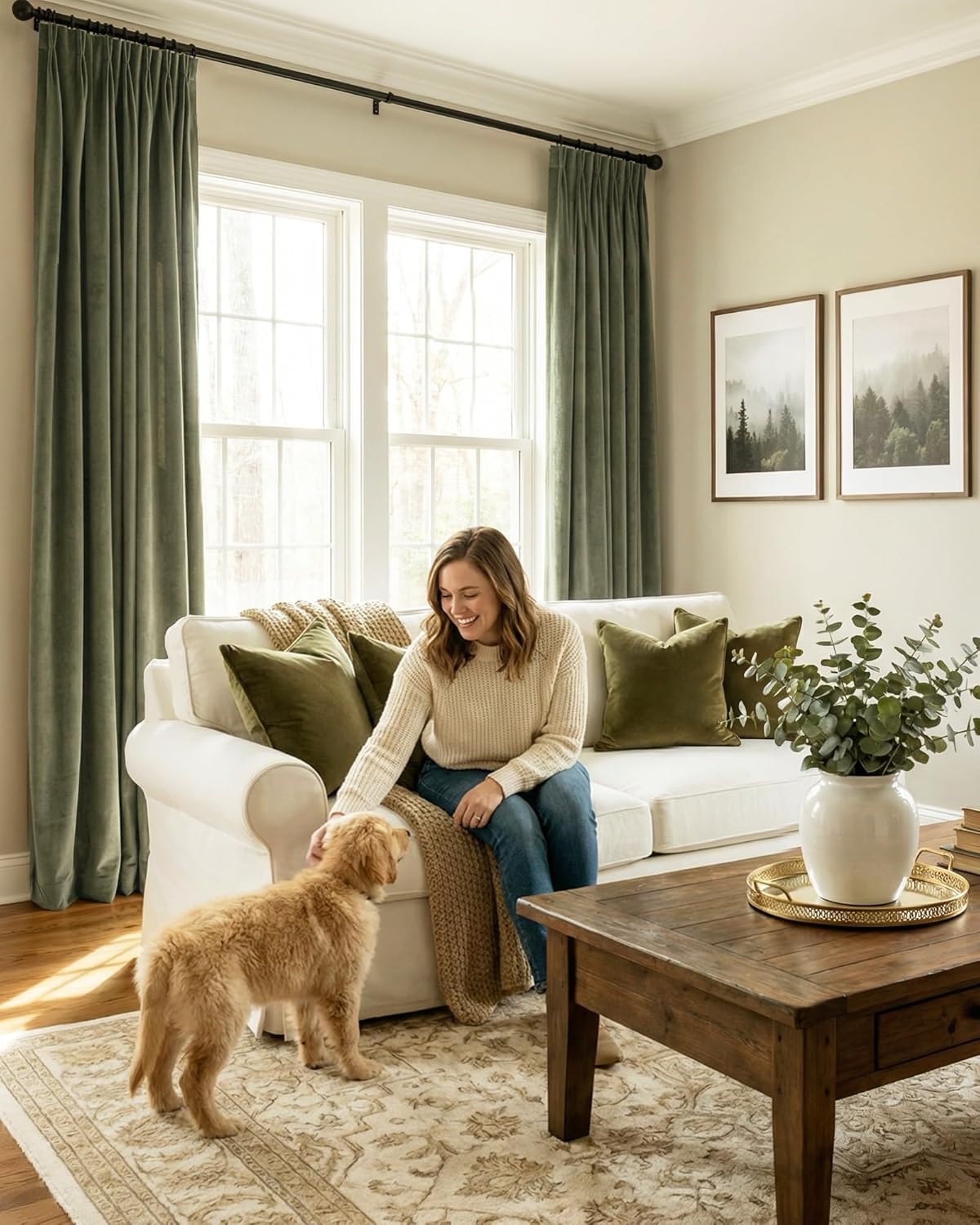Sage green velvet drapery panels with elegant pleats hang on a black rod in a sunny living room.