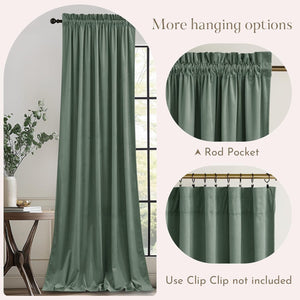Full-length sage green velvet curtain with gathered rod pocket top, pooling slightly on floor.