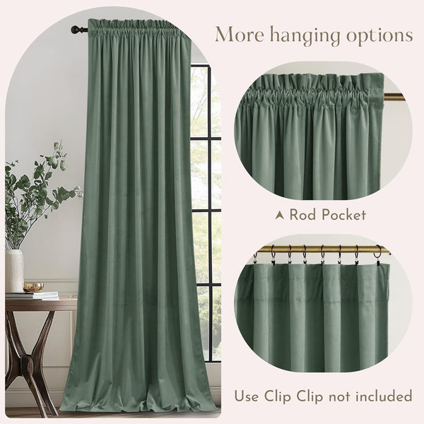 Full-length sage green velvet curtain with gathered rod pocket top, pooling slightly on floor.