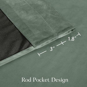 Close-up of sage green velvet curtain showcasing a 3-inch rod pocket design and 1.8-inch header.