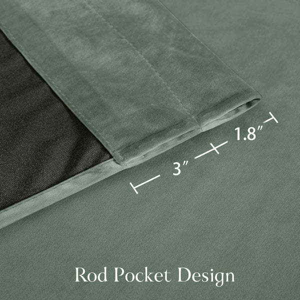 Close-up of sage green velvet curtain showcasing a 3-inch rod pocket design and 1.8-inch header.