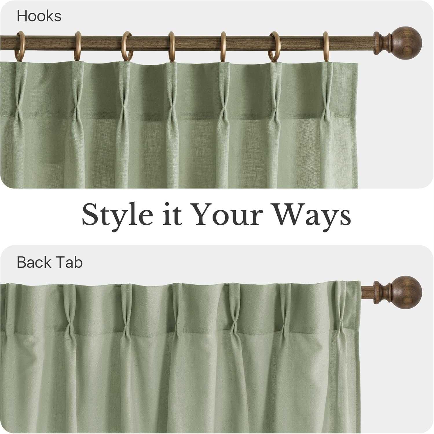 Textured sage green curtain panel showing both pin hook pleats and back tabs on a wooden rod.