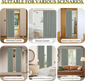 Sage green fabric curtain panel with pleats, shown as a versatile privacy solution for various rooms.