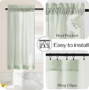 Sage green white striped cafe curtains with rod pocket. Also fits ring clips for easy install.