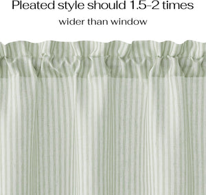 Close-up of a sage green and white striped curtain with a gathered rod pocket top.