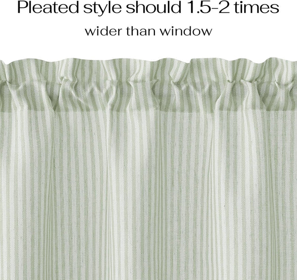 Close-up of a sage green and white striped curtain with a gathered rod pocket top.