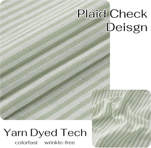 Close-up of soft sage green and white striped fabric with a textured, yarn-dyed weave.