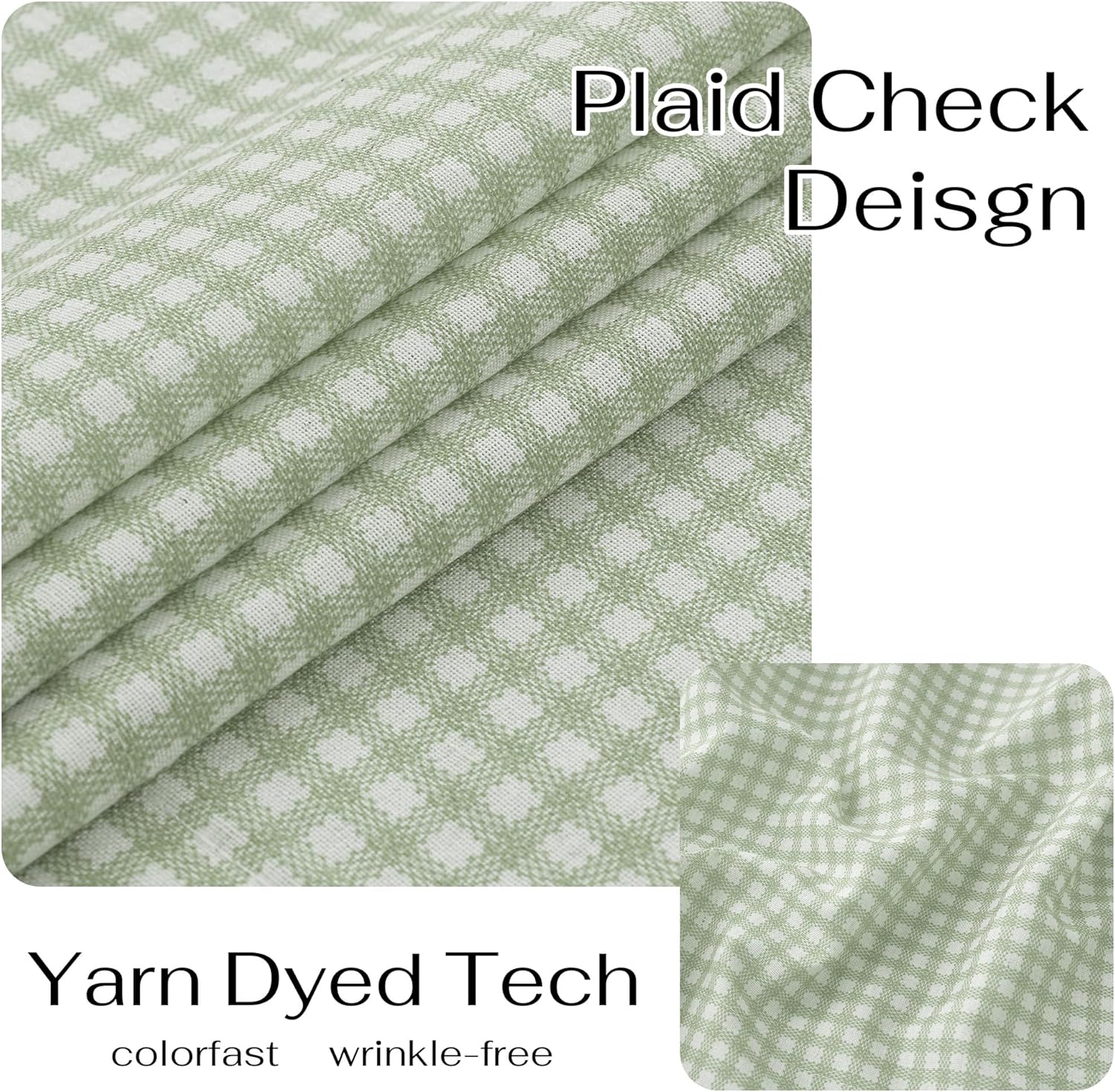 Close-up of sage green and white yarn-dyed gingham check fabric, folded to show its texture.