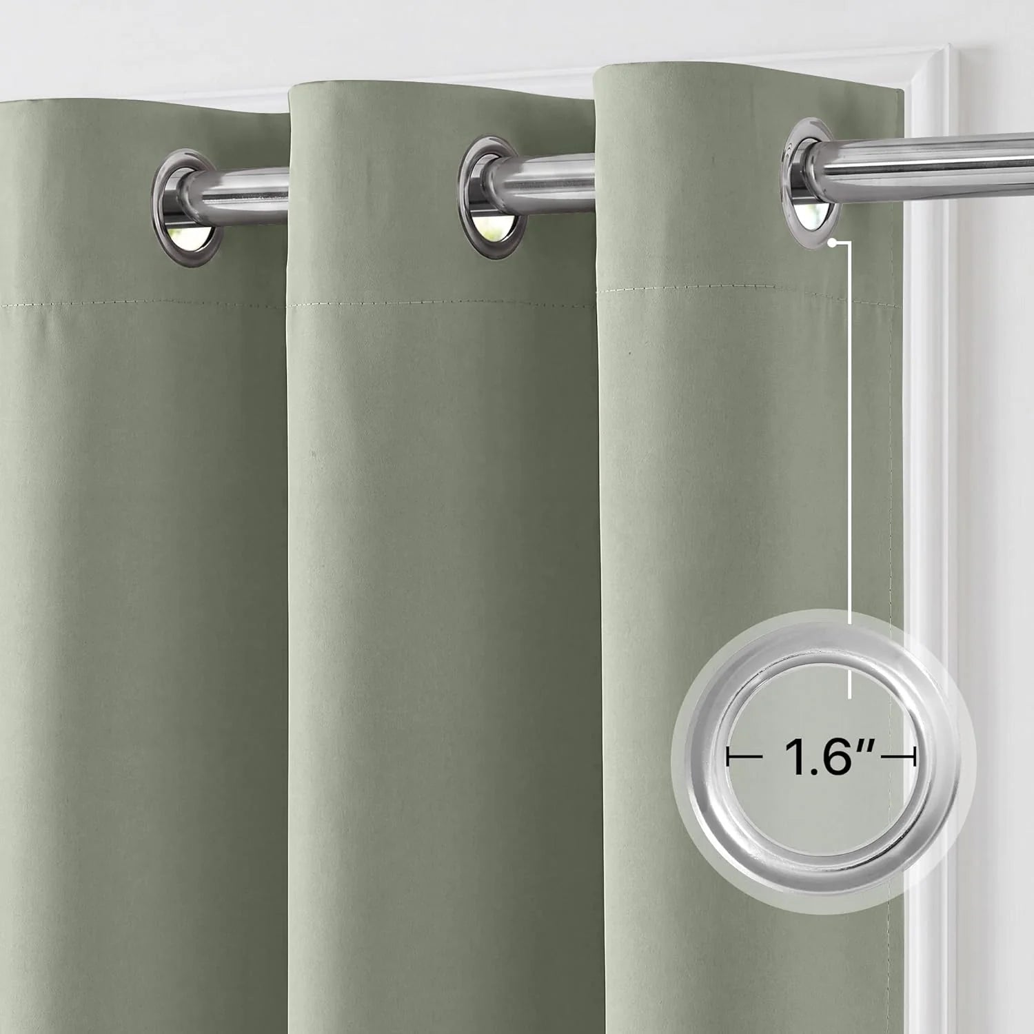Close-up of sage green grommet blackout curtain showing 1.6-inch diameter