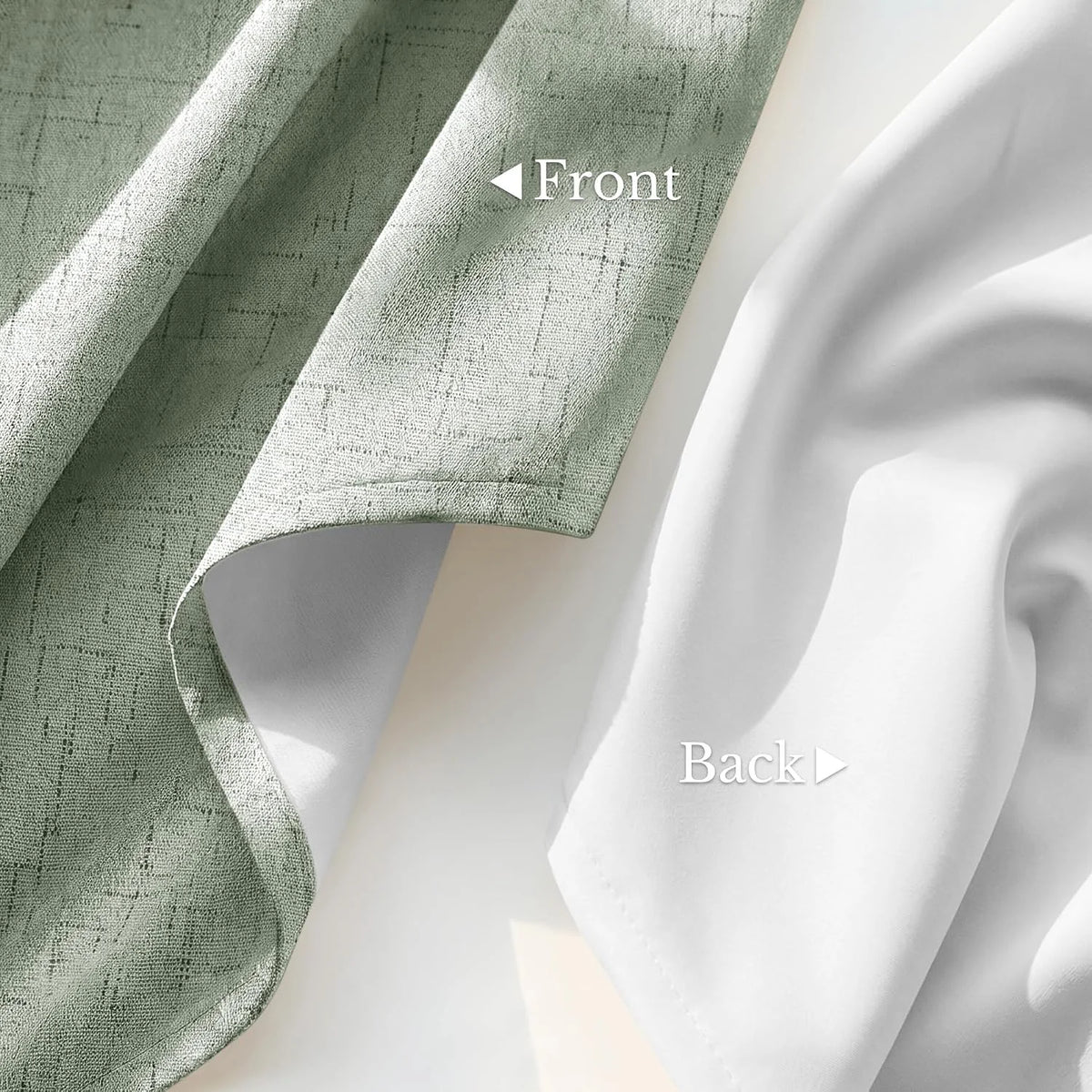 Close-up of sage green textured curtain fabric with smooth white blackout backing