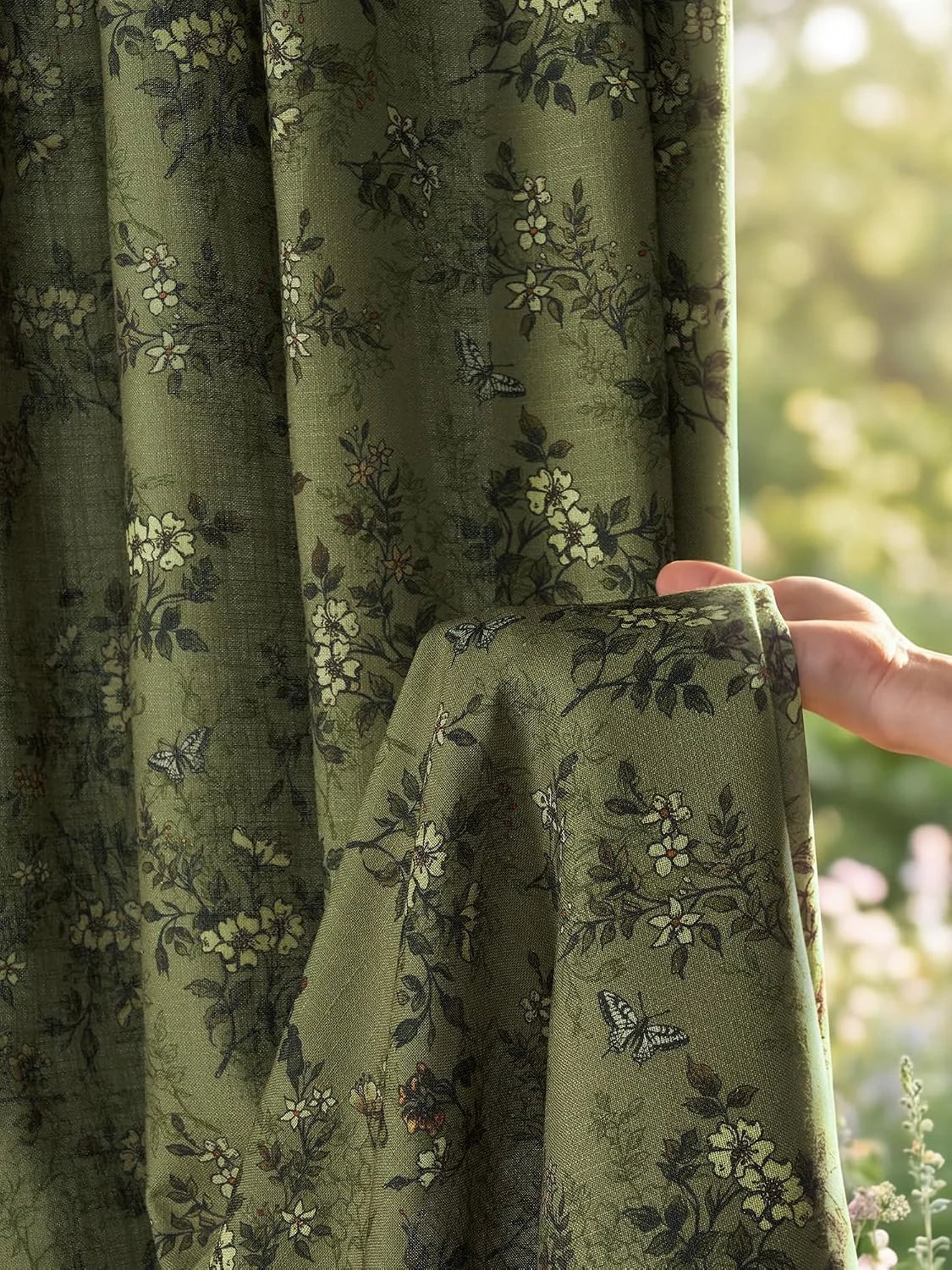 Sage green linen curtain with delicate floral and butterfly print held by hand