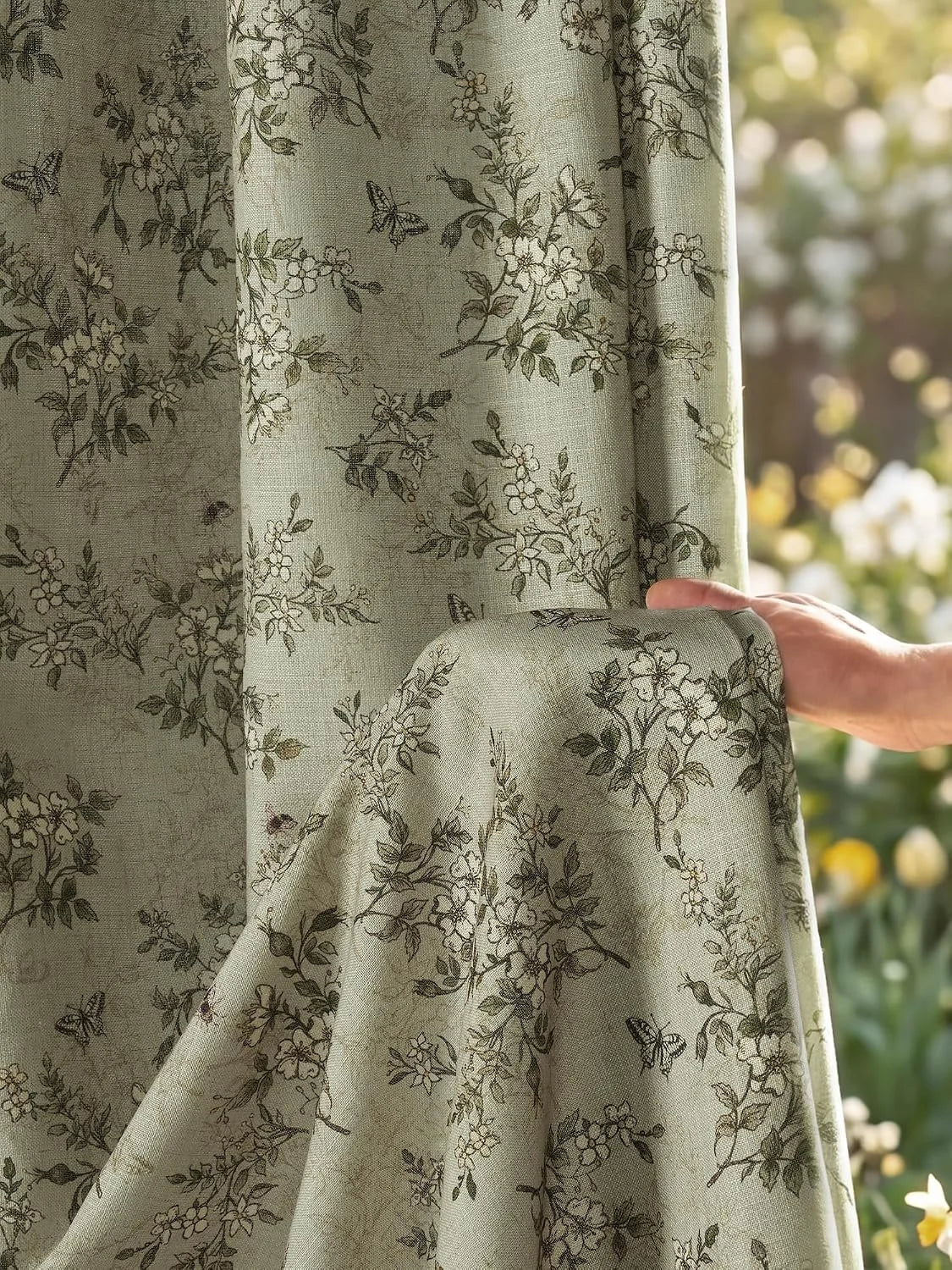 Sage green linen curtain with delicate floral and butterfly print held by hand