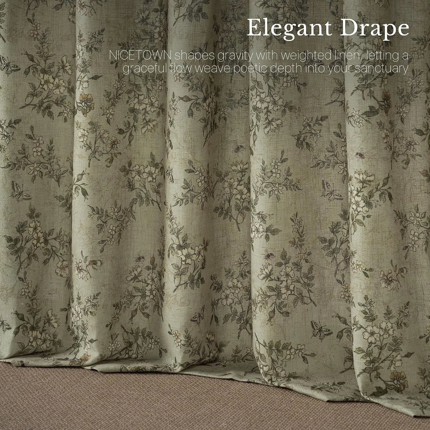 Sage green linen-look floral drape curtains with soft folds and vintage botanical print