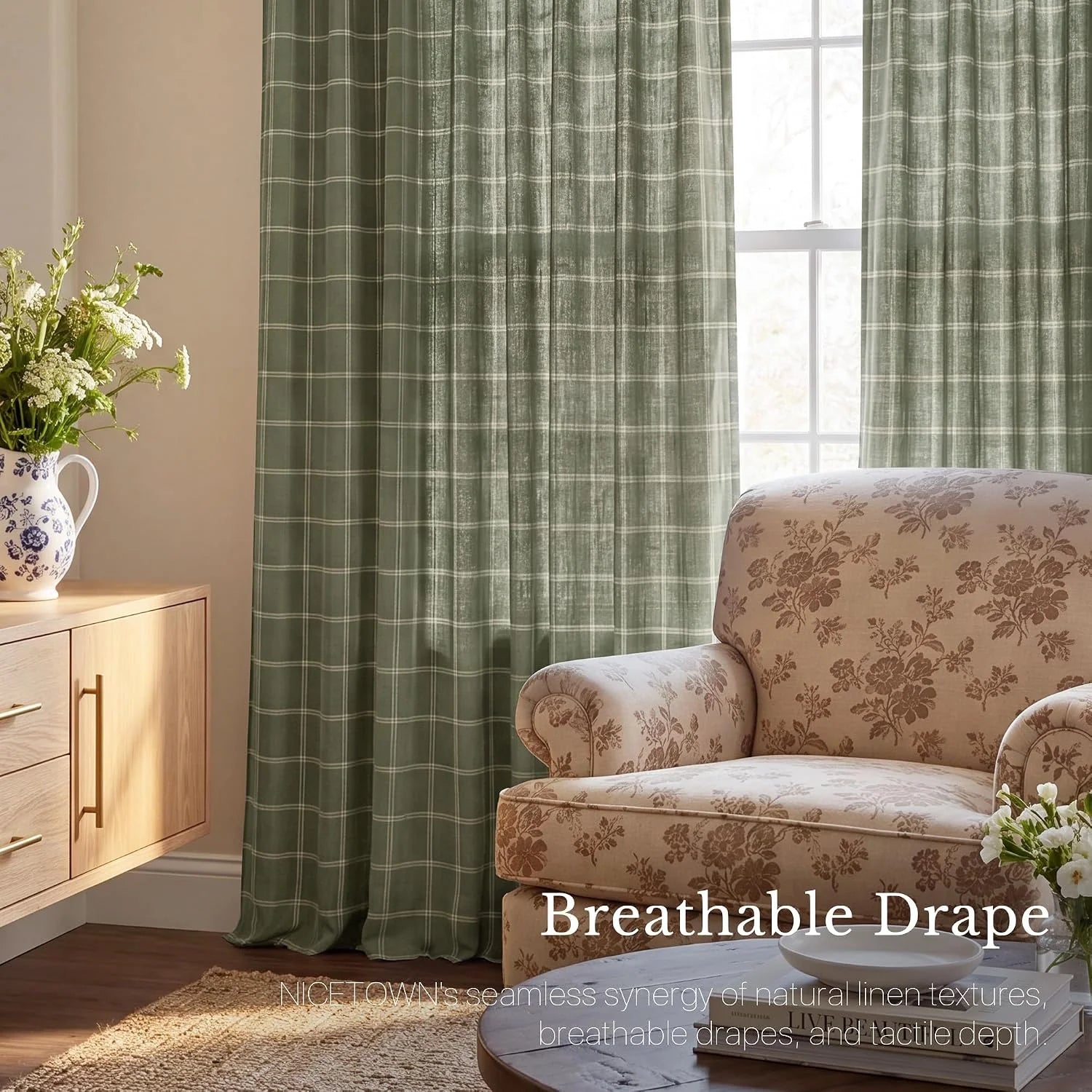 Sage green plaid linen curtains filtering light in a cozy traditional living room