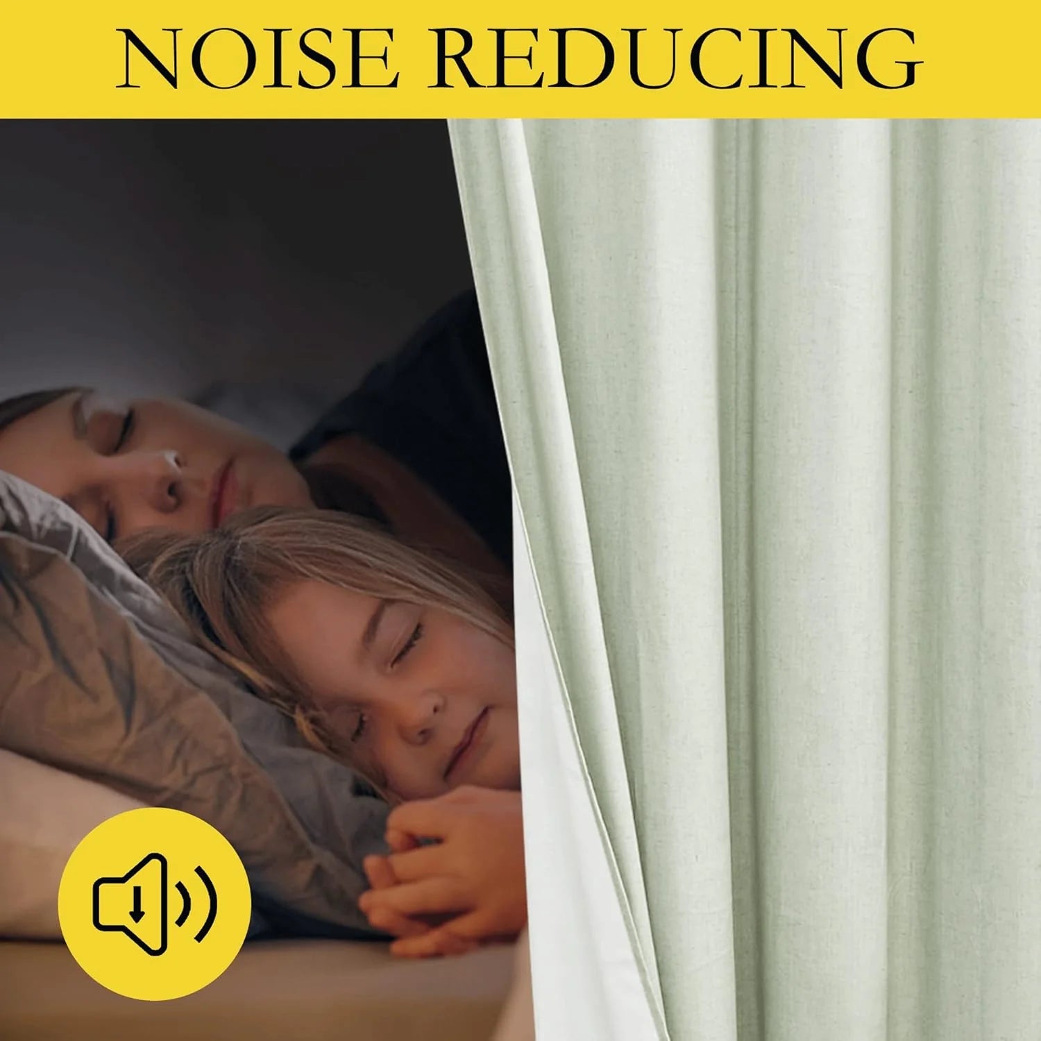 Sage green noise-reducing curtain beside a sleeping mother and child in bed