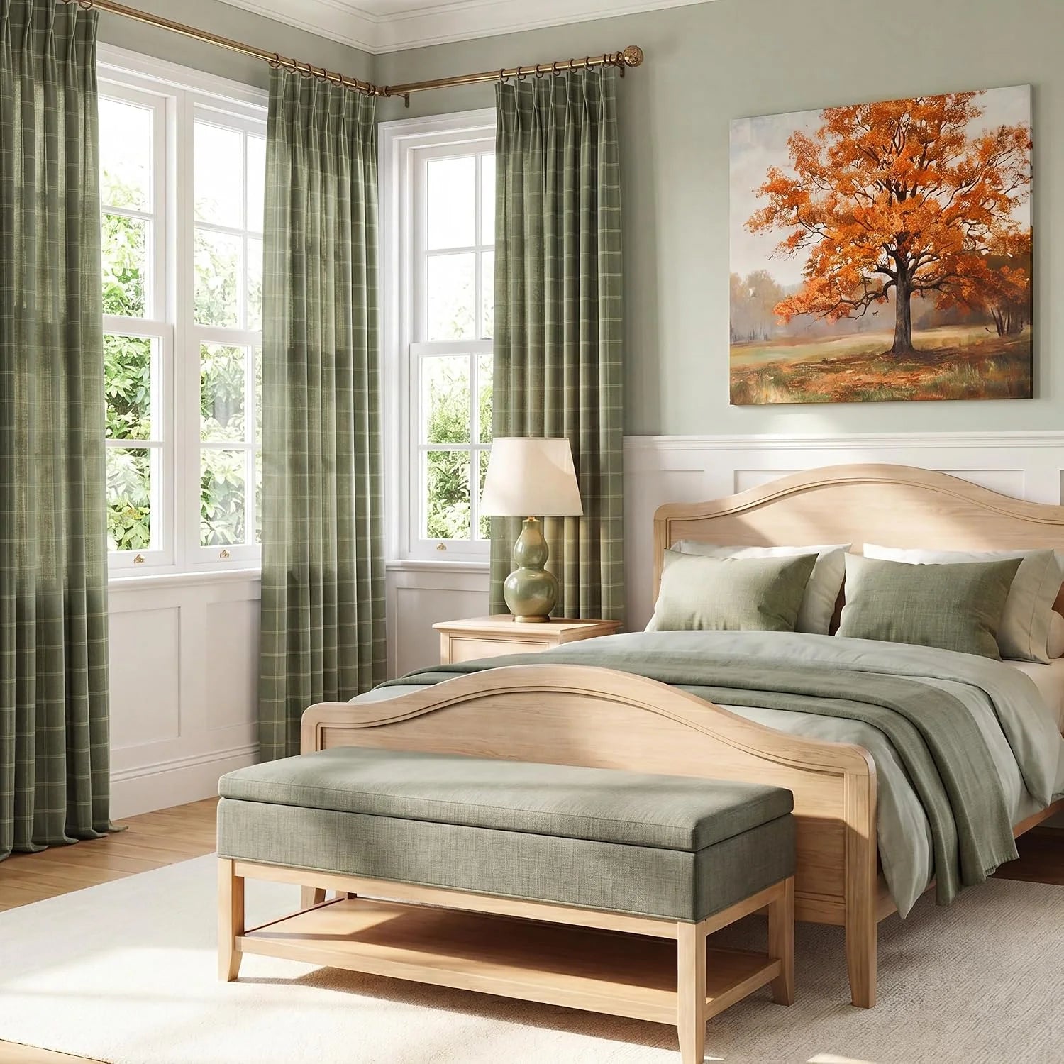 Sage green plaid curtains framing bright bedroom windows with light wood bed