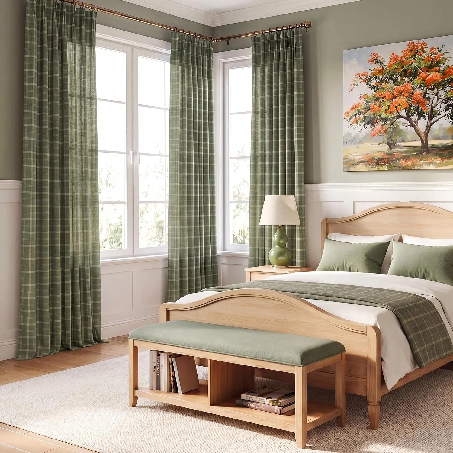 Sage green plaid curtains on corner bedroom windows with light wood bed and bench